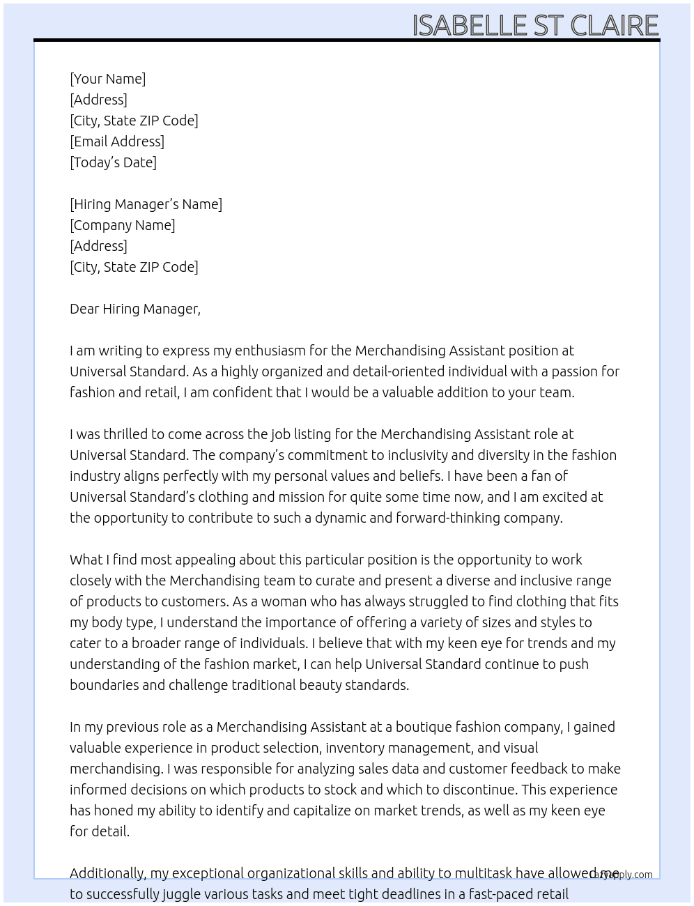Merchandising Assistant At Universal Standard Cover Letter