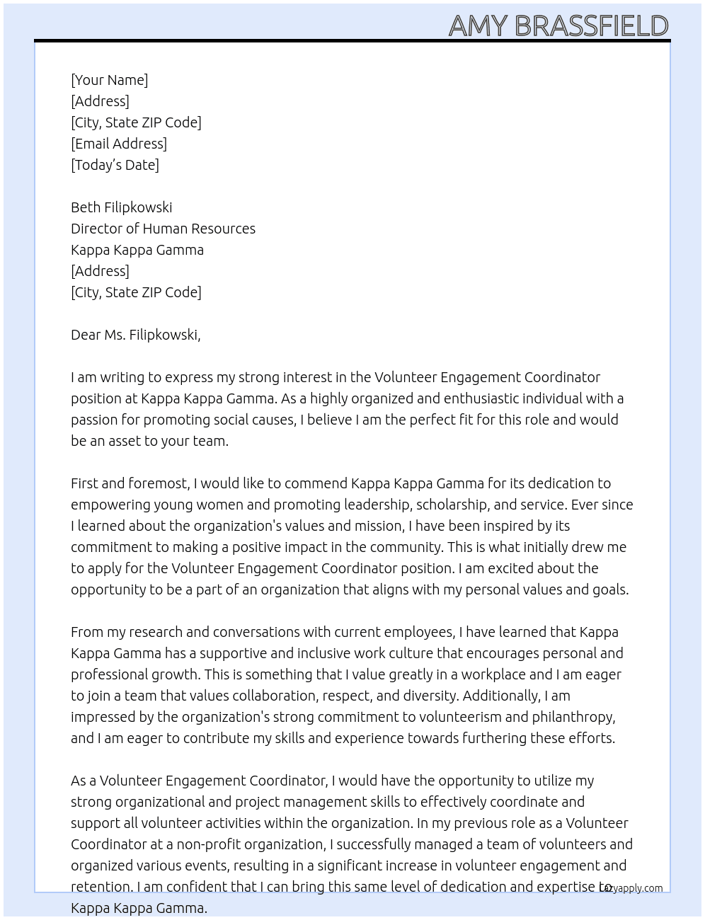 Volunteer Engagement Coordinator At Kappa Kappa Gamma Cover Letter