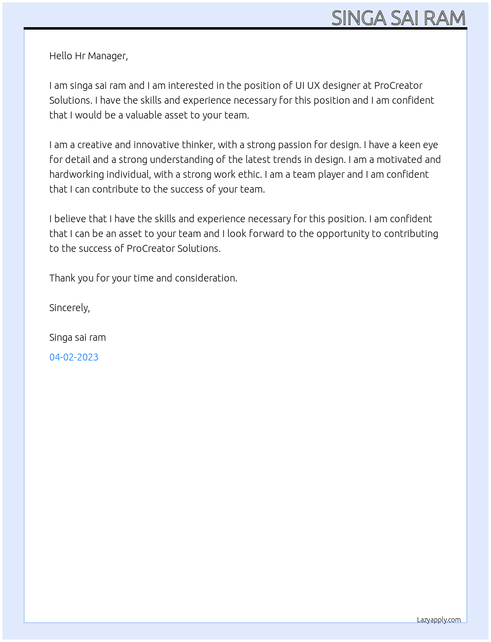 UI UX designer At ProCreator Solutions  Cover Letter