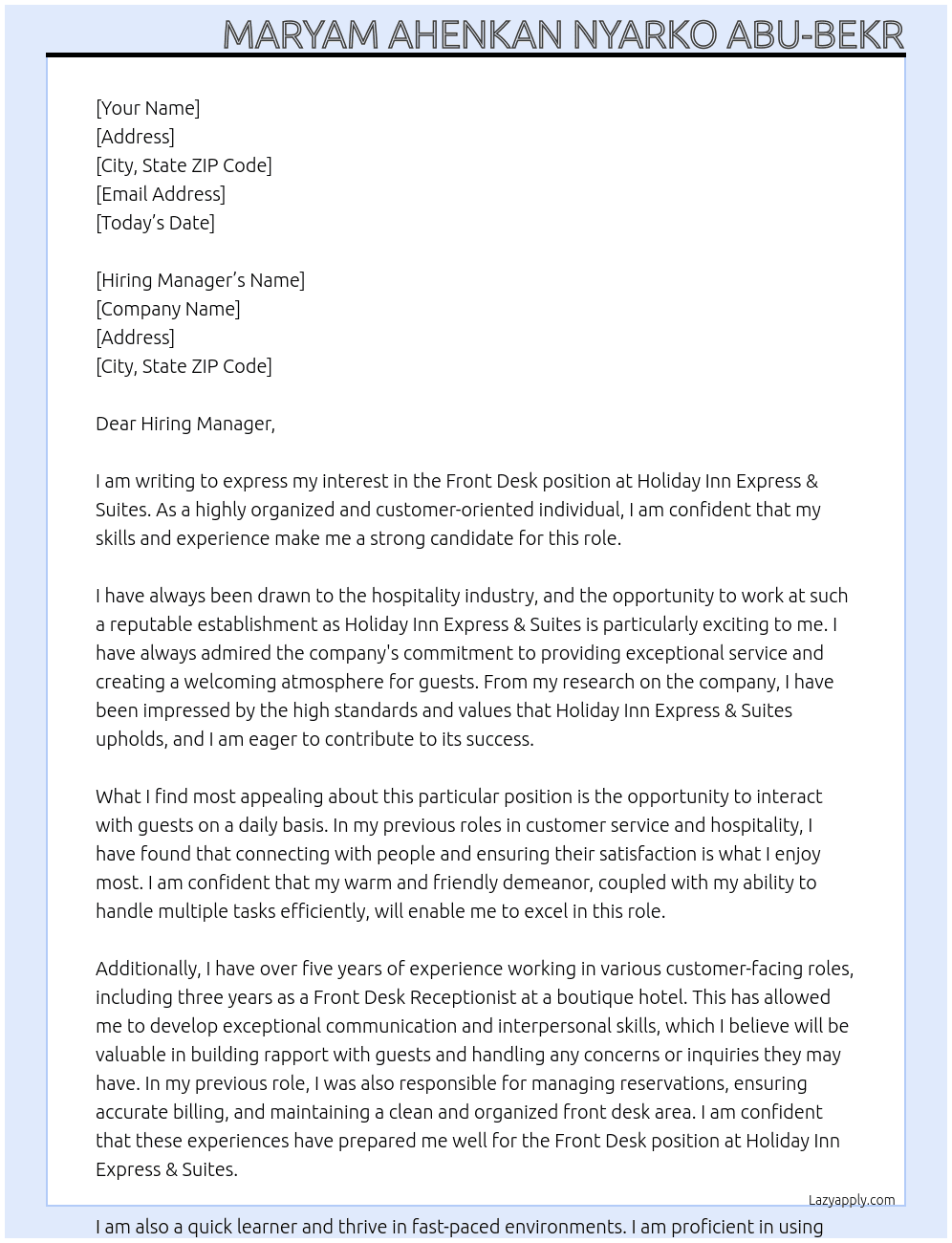 Front Desk At holiday inn express & suites Cover Letter