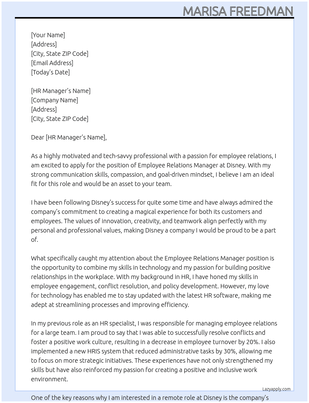 Employee relations manager  At Disney  Cover Letter
