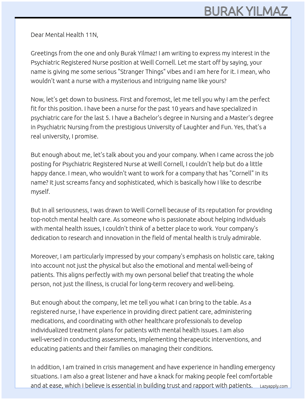 Psychiatric Registered Nurse  At Weill Cornell  Cover Letter