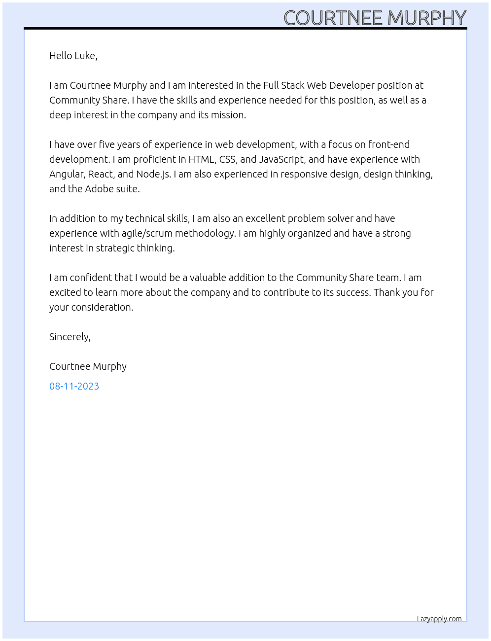 Full Stack Web Developer At Community Share Cover Letter