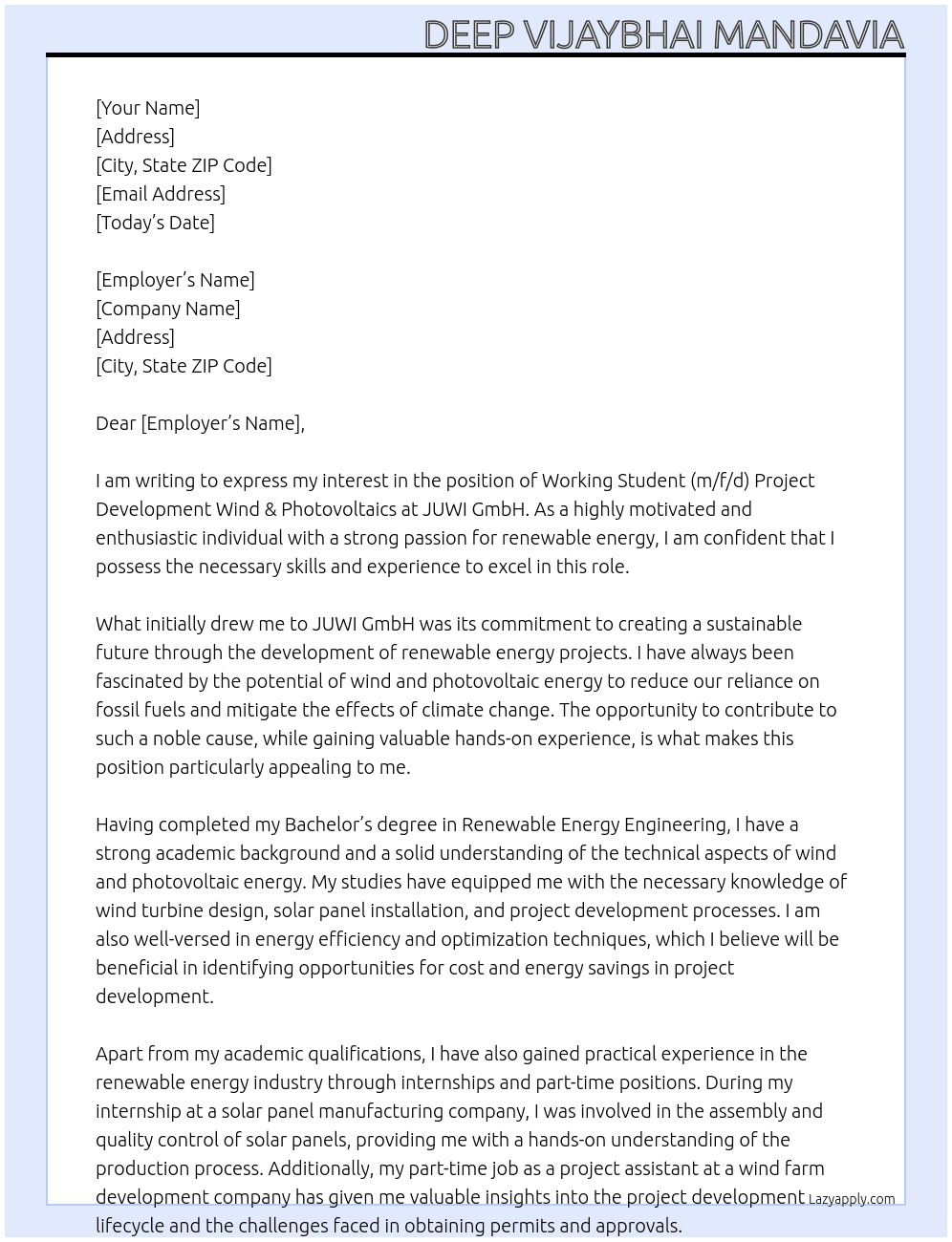 Working student (m/f/d) project development wind & photovoltaics At JUWI GmbH Cover Letter