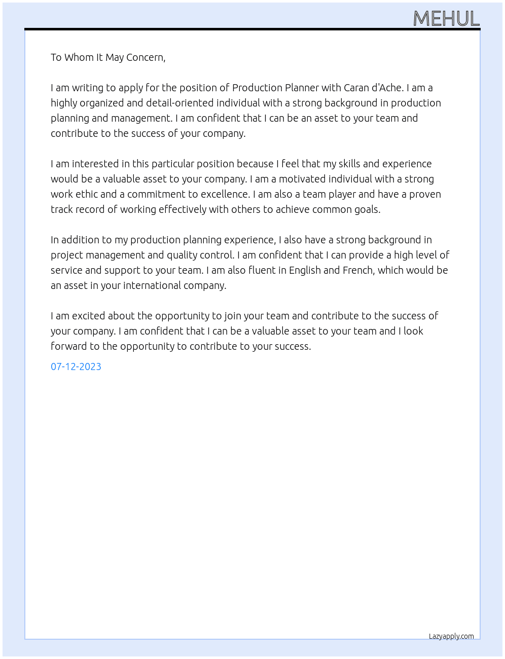 Production Planner At Caran d'Ache Cover Letter