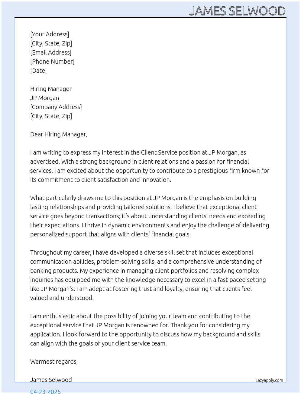 Cover letter for client service - LazyApply