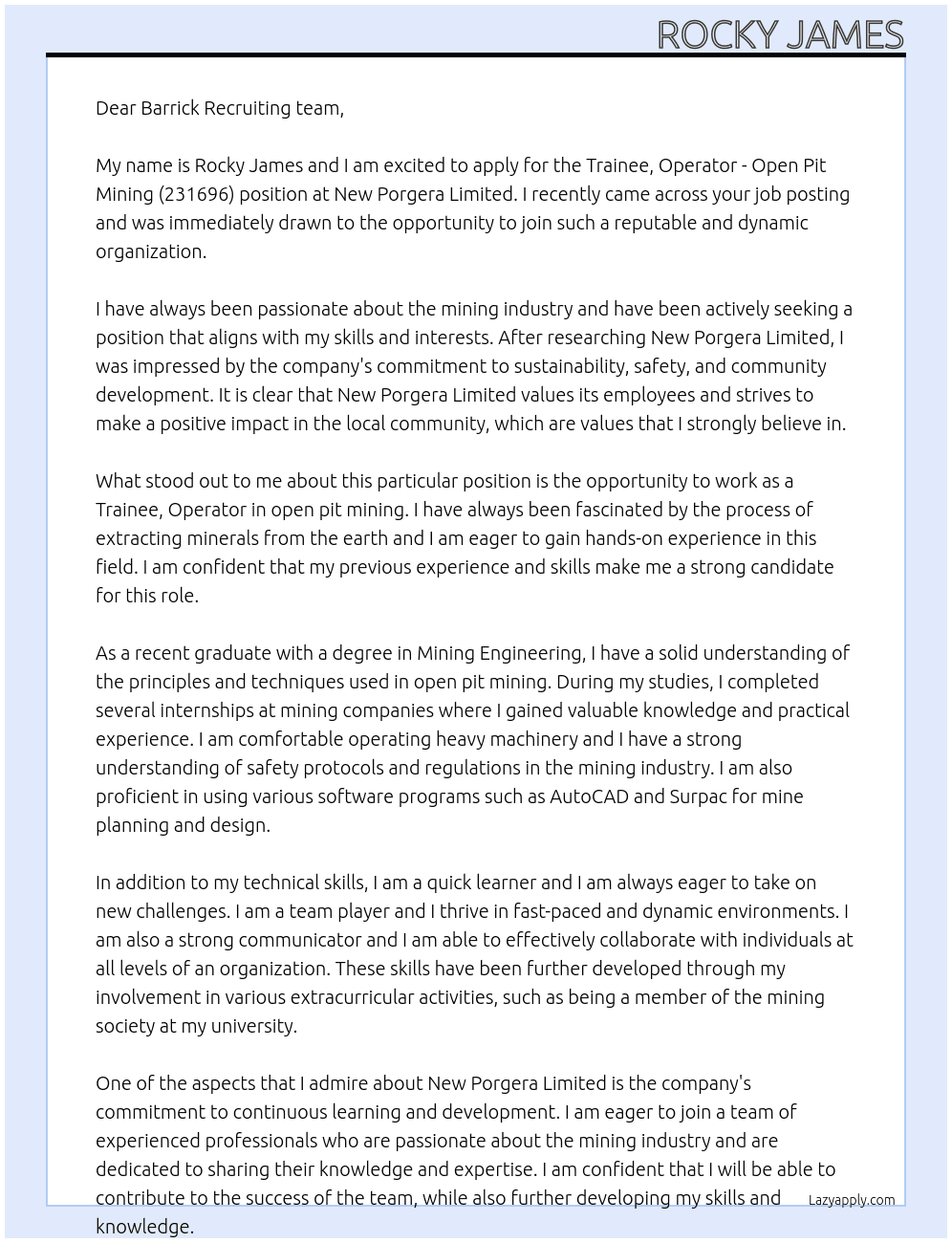 Trainee, Operator - Open Pit Mining (231696) At New Porgera Limited  Cover Letter