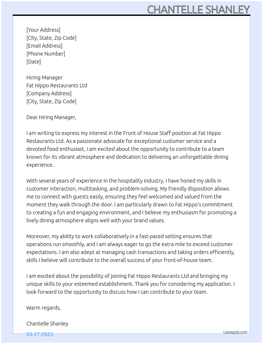 Front of House Staff At Fat Hippo Restaurants Ltd Cover Letter