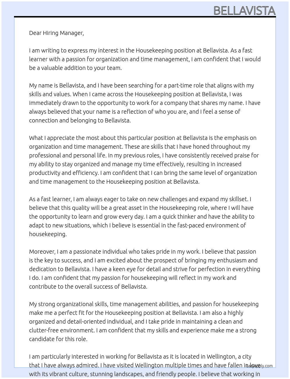 Housekeeping At Bellavista Cover Letter