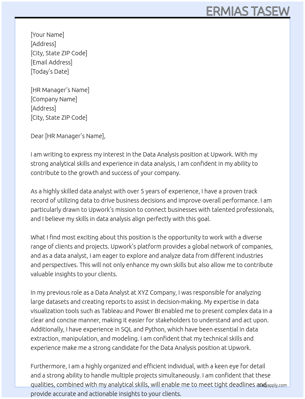 Data analysis  At Up work Cover Letter