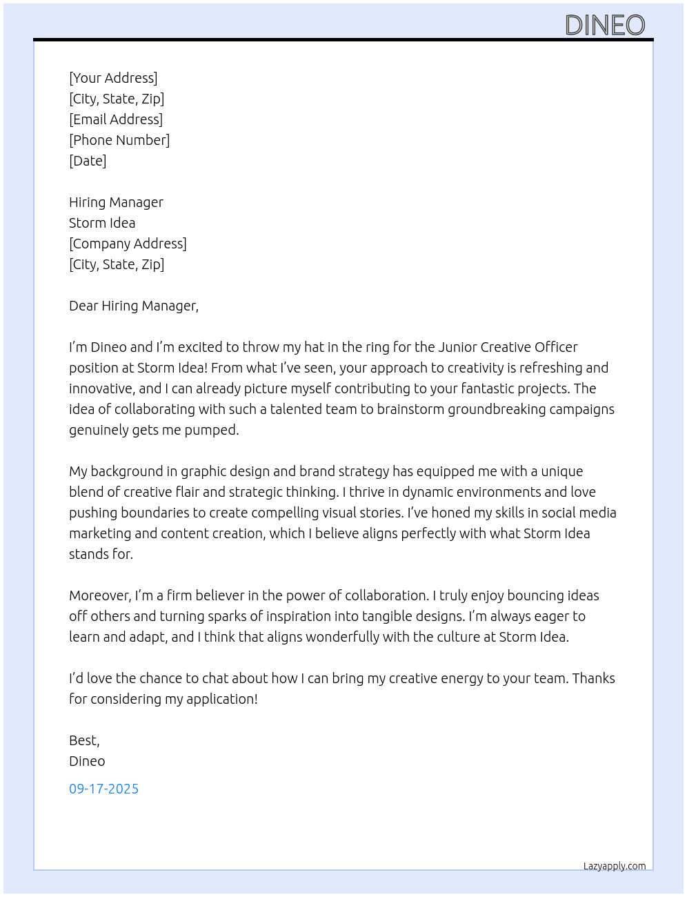 Junior creative officer  At Storm idea  Cover Letter