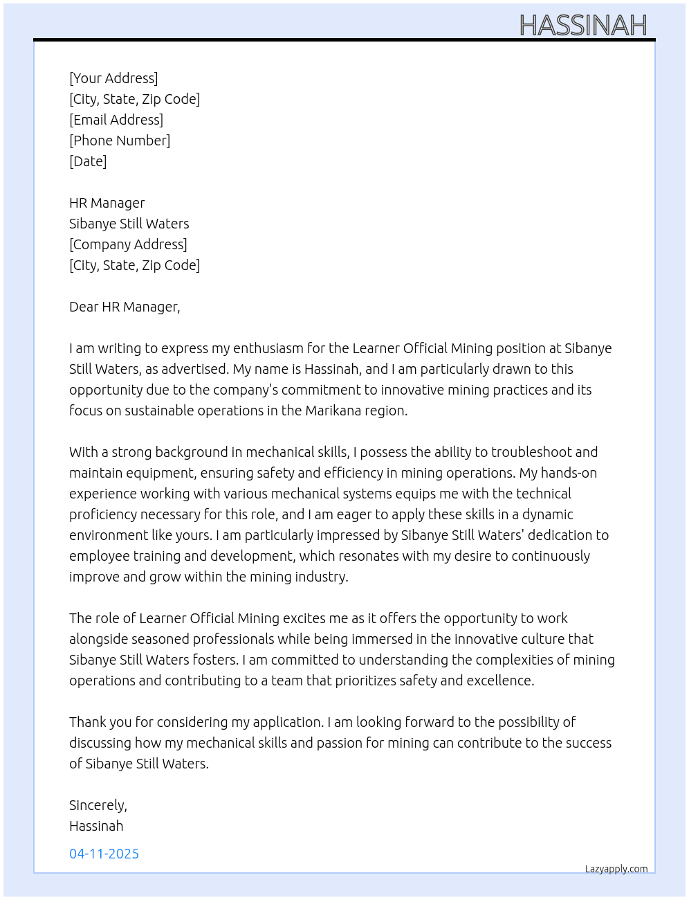 Learner official mining At Sibanye Still Waters  Cover Letter