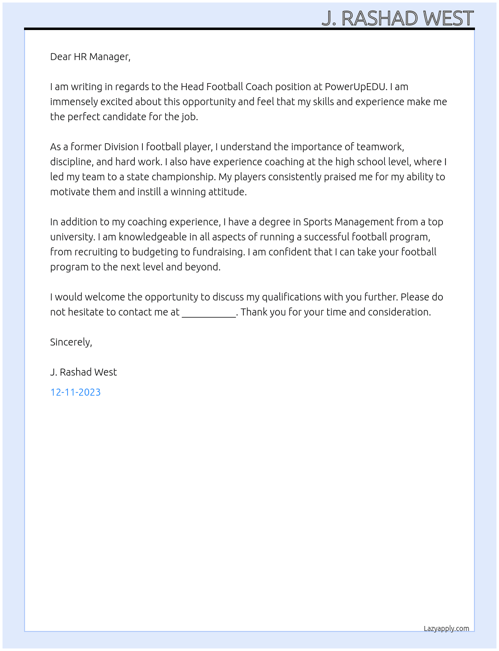 Head Football Coach At PowerUpEDU Cover Letter