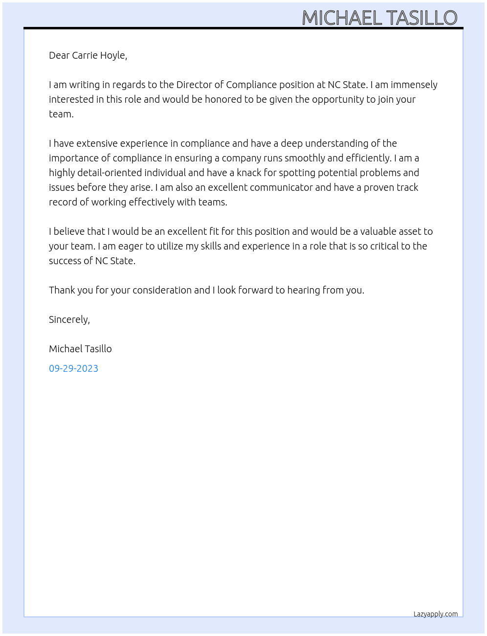 Director of Compliance  At NC State Cover Letter