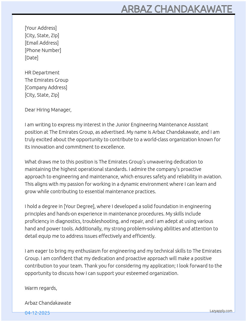 Junior engineering maintenance assistant  At The Emirates group  Cover Letter