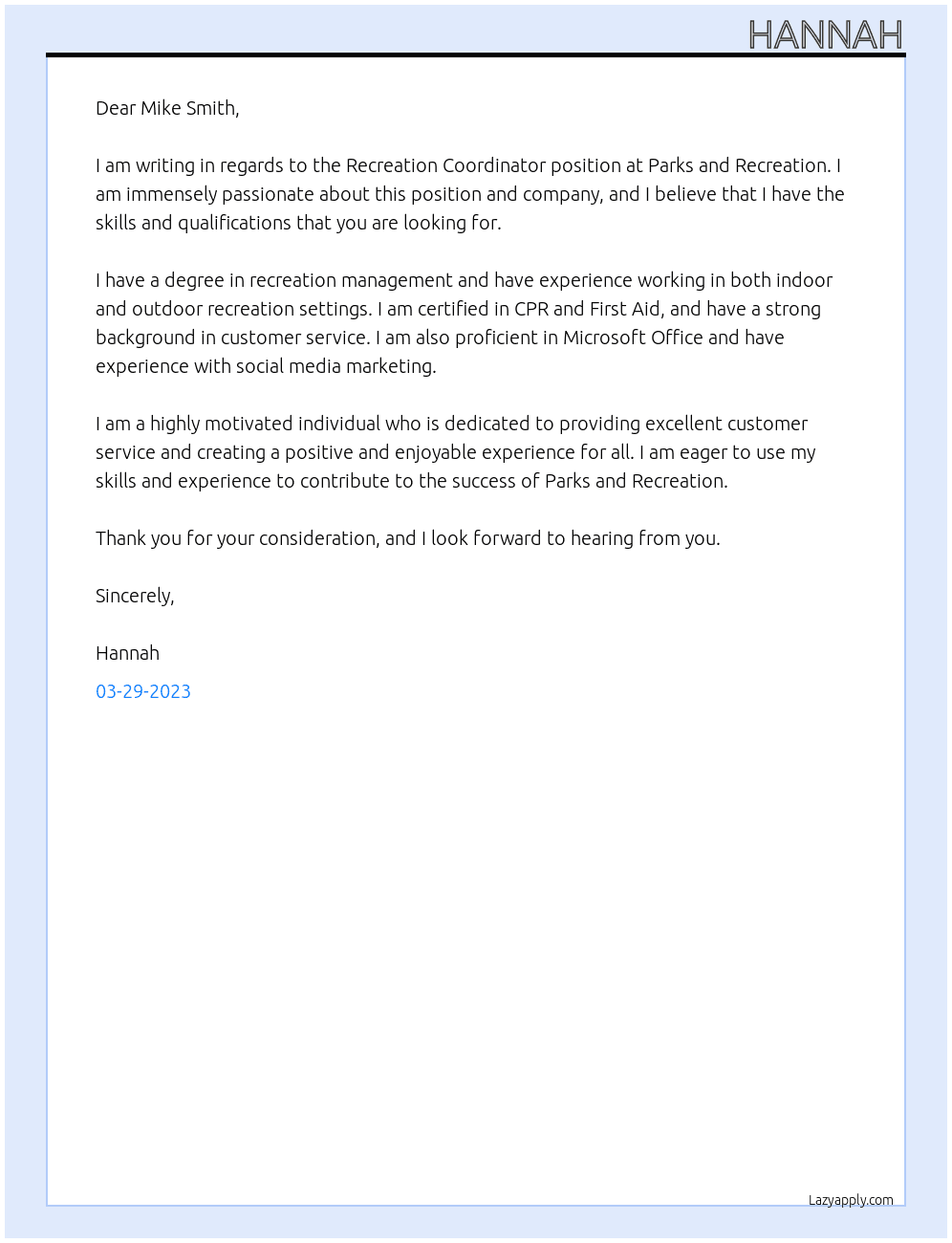 Recreation Coordinator  At Parks and Recreation Cover Letter