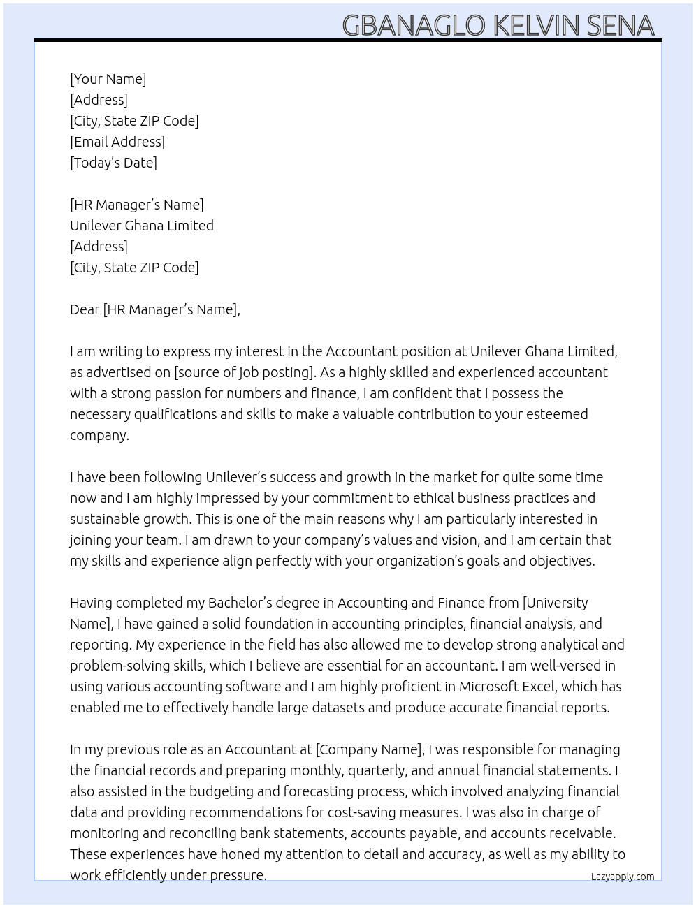 Accountant  At Unilever Ghana Limited  Cover Letter
