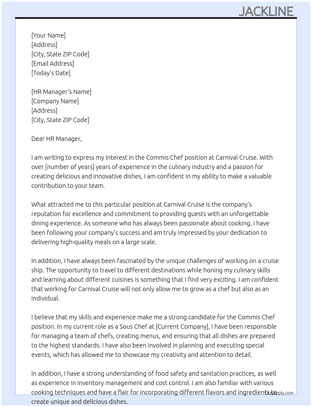 Commis chef At Carnival cruise  Cover Letter