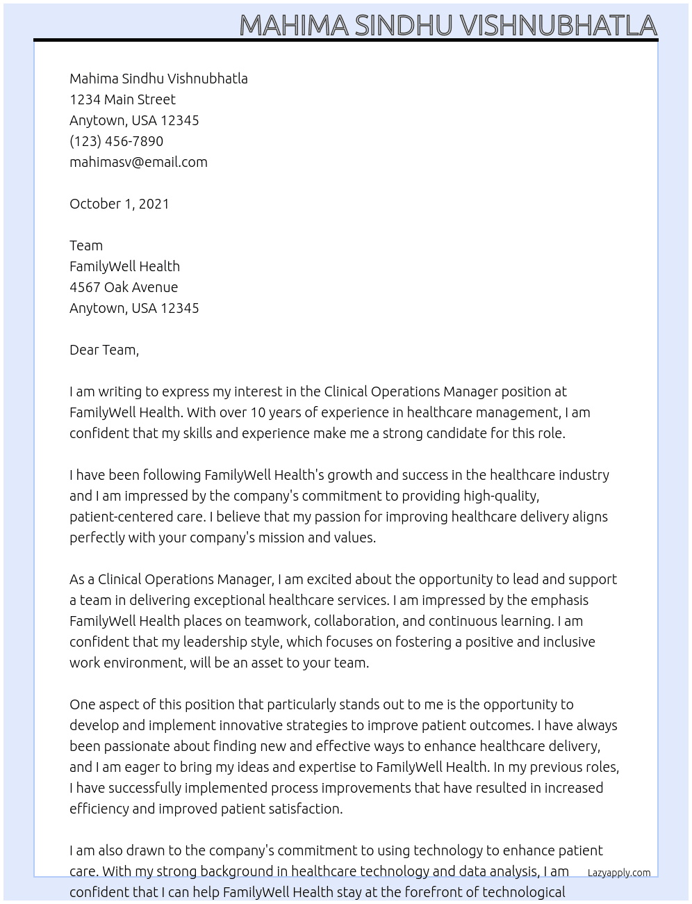 Clinical Operations Manager At FamilyWell Health Cover Letter