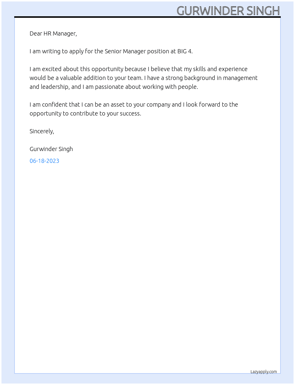 Senior Manager At BIG 4 Cover Letter