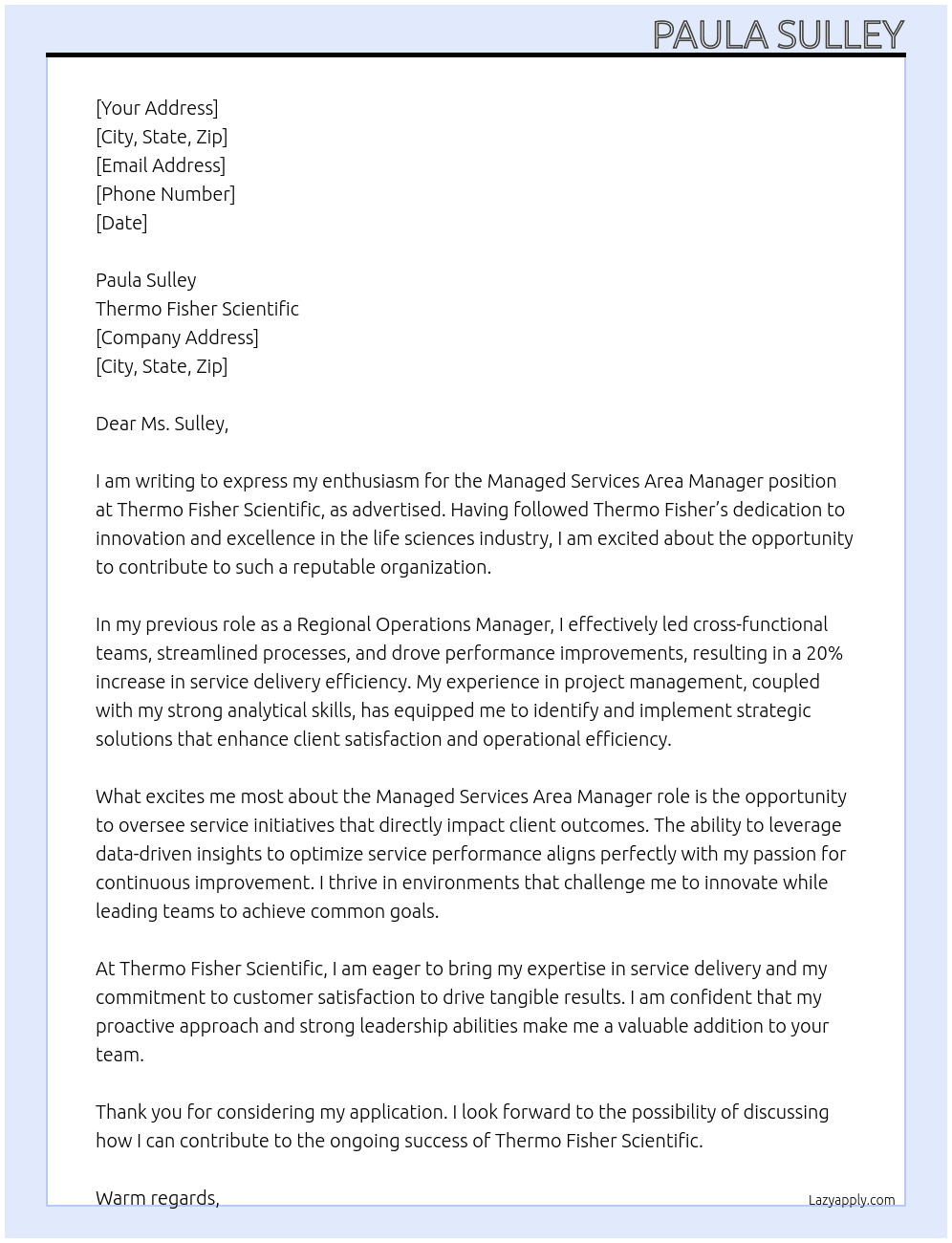 managed services area manager At Thermo Fisher Scientific  Cover Letter