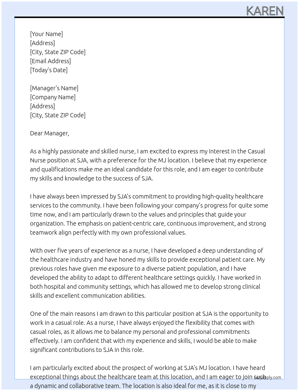 Nurse At SJA Cover Letter