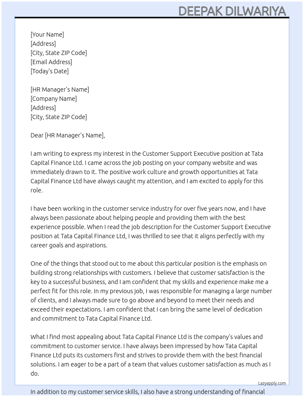 Customer Support Executive  At Tata Capital Finance ltd Cover Letter
