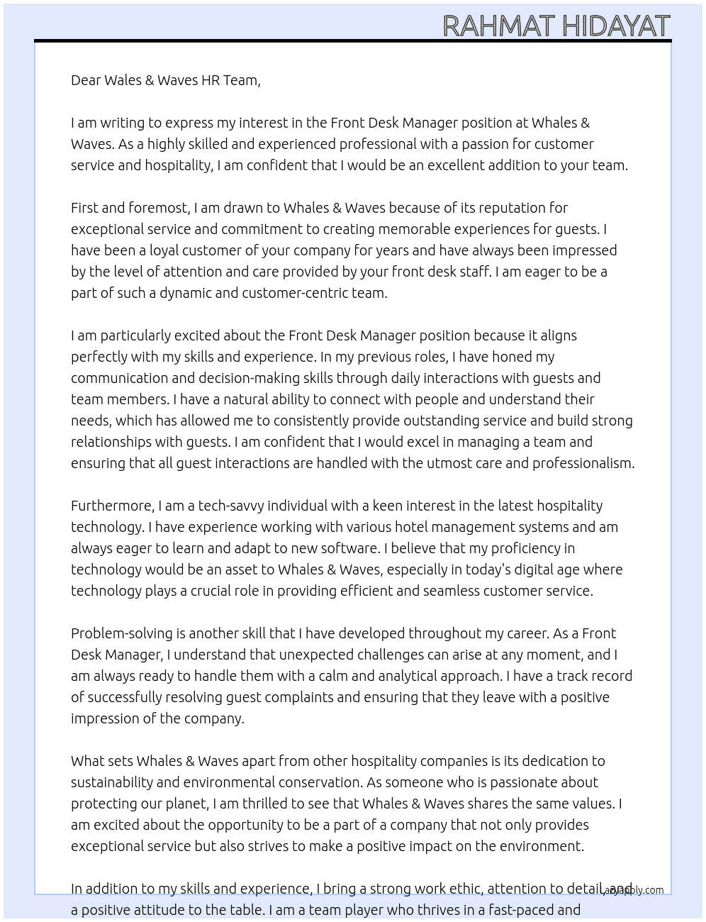 Front Desk Manager  At Whales & Waves  Cover Letter