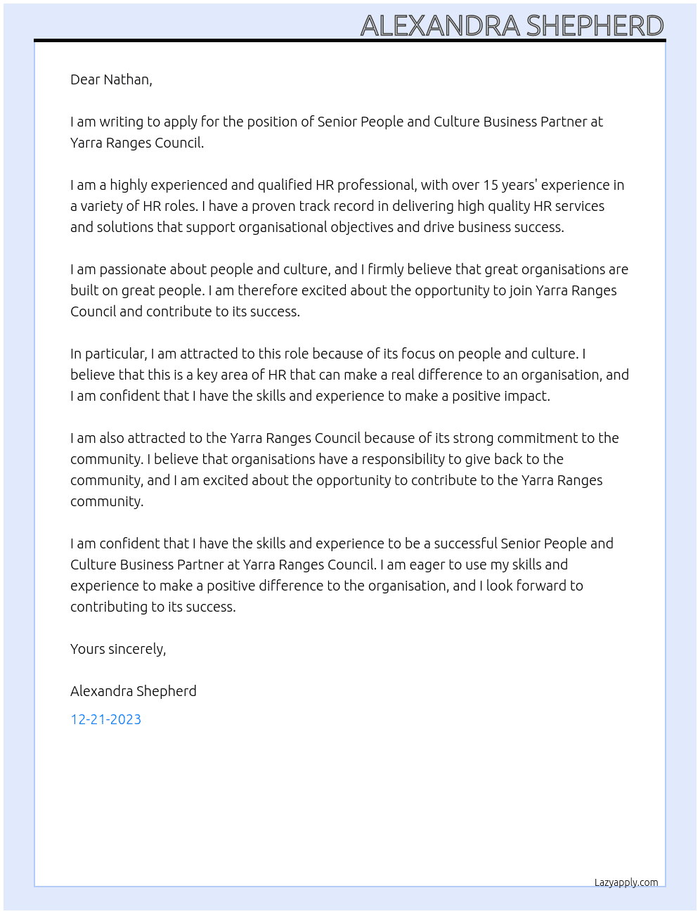 Senior People and Culture Business Partner At Yarra Ranges Council Cover Letter