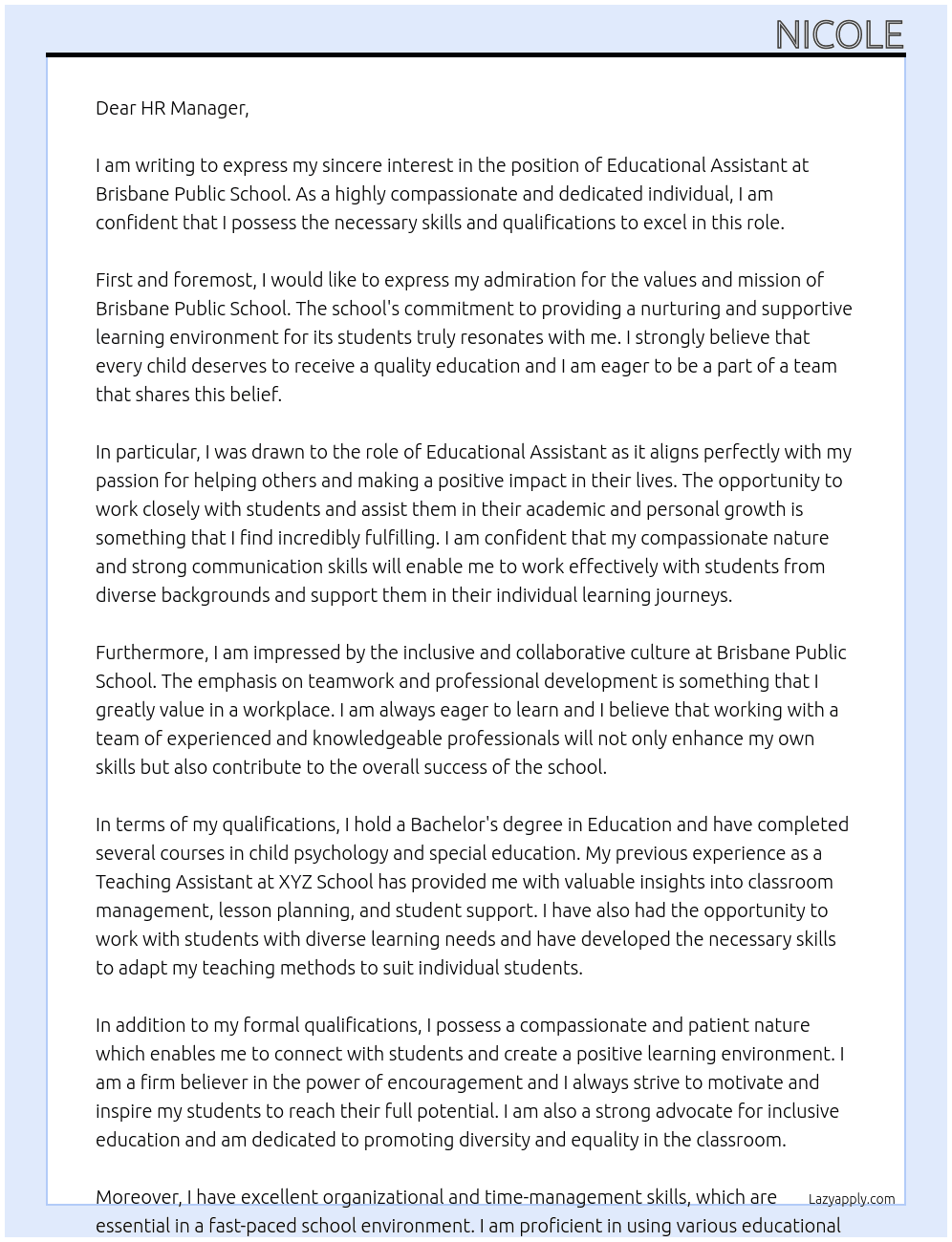 Educational Assistant At Brisbane Public School Cover Letter