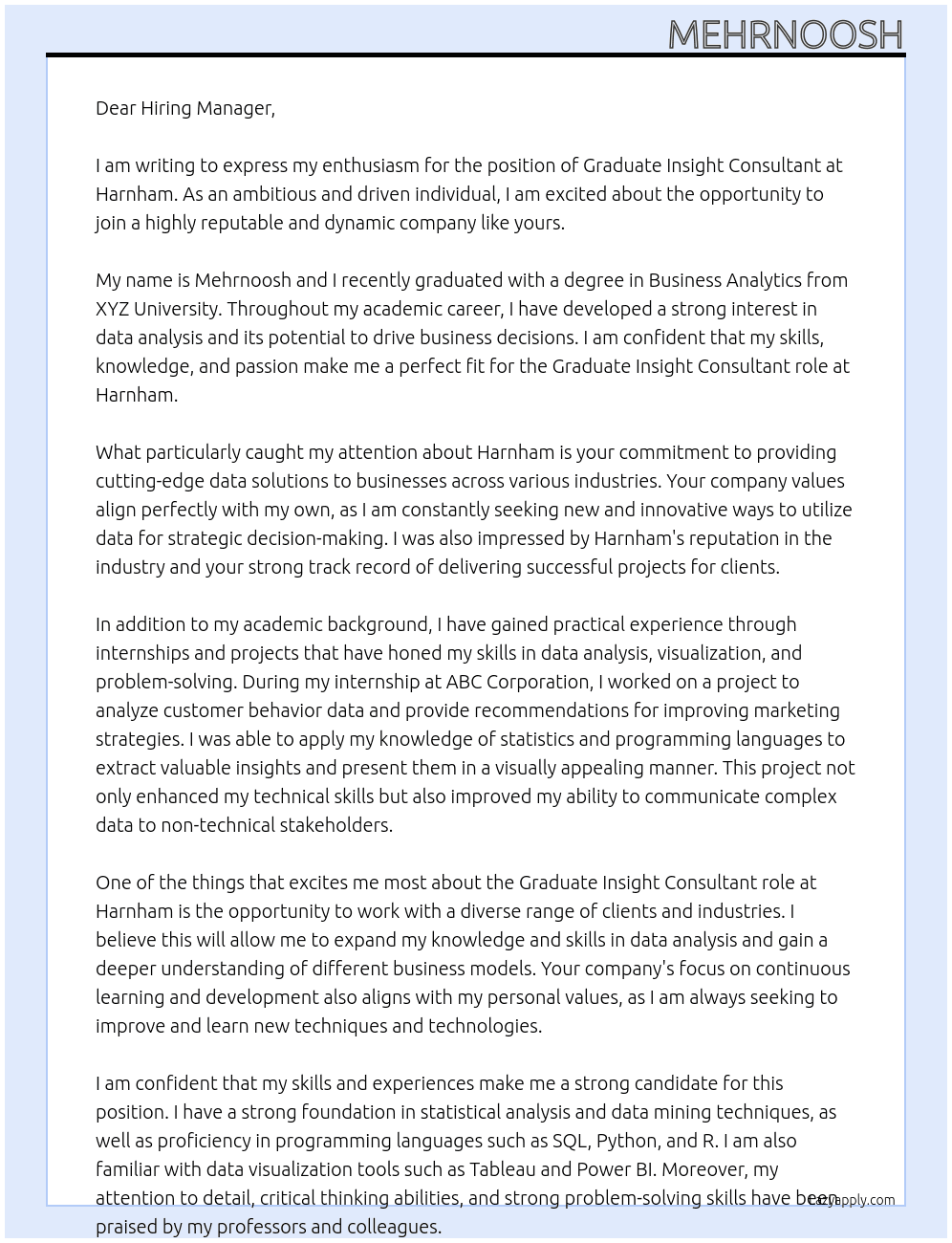 Graduate Insight Consultant  At Harnham Cover Letter