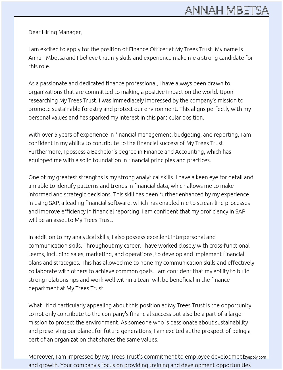 Finance Officer  At My Trees Trust Cover Letter