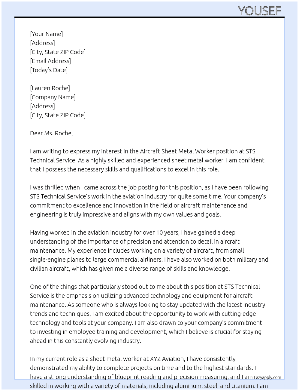 Aircraft sheet metal worker  At STS technical service Cover Letter