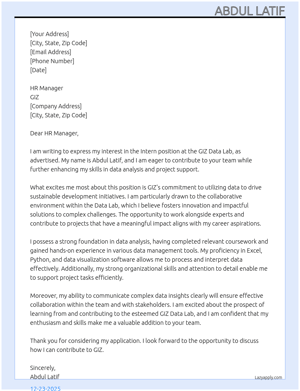 Intern in the GIZ Data Lab - Head of Support At GIZ Cover Letter