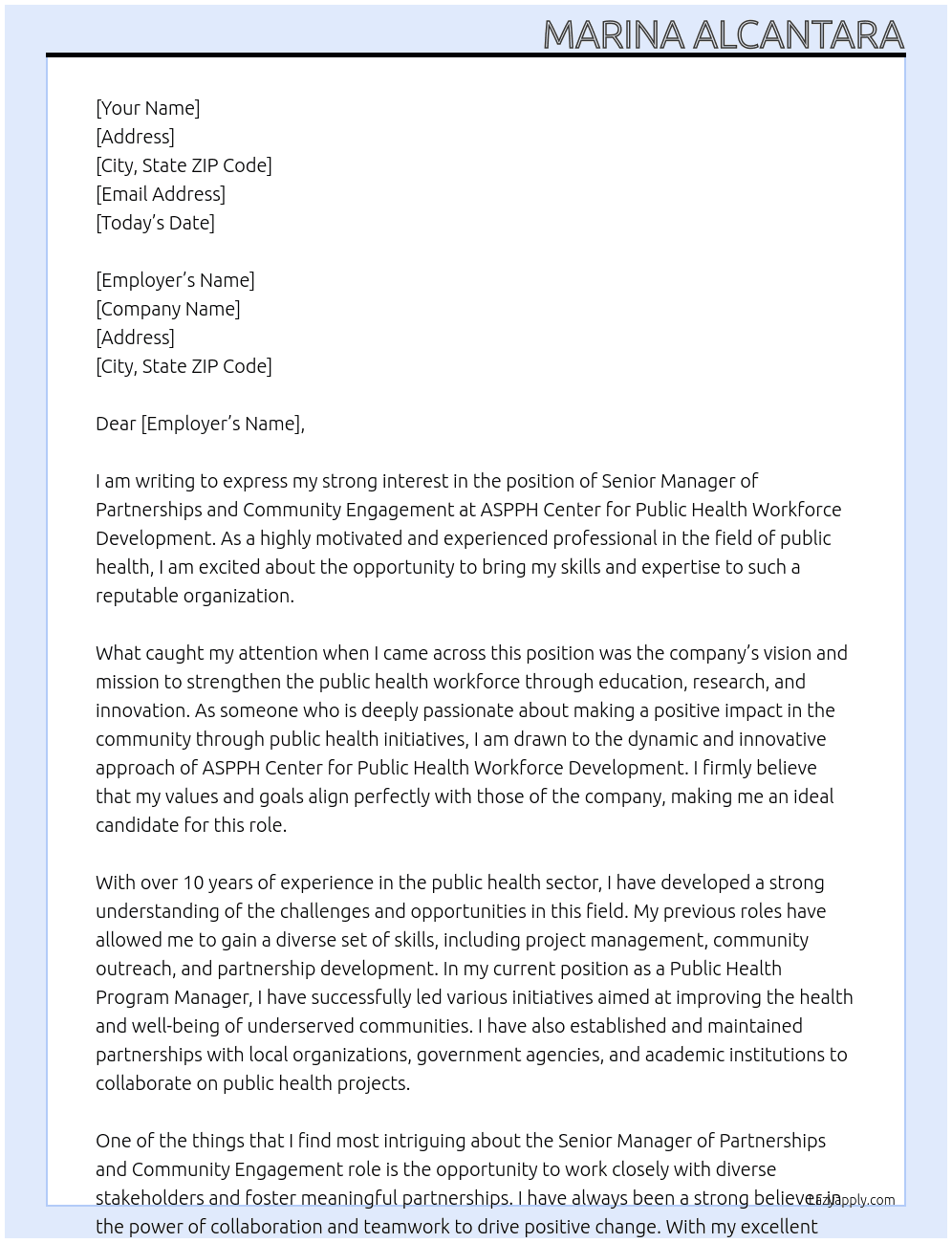 The Senior Manager of Partnerships and Community Engagement At ASPPH Center for Public Health Workforce Development  Cover Letter