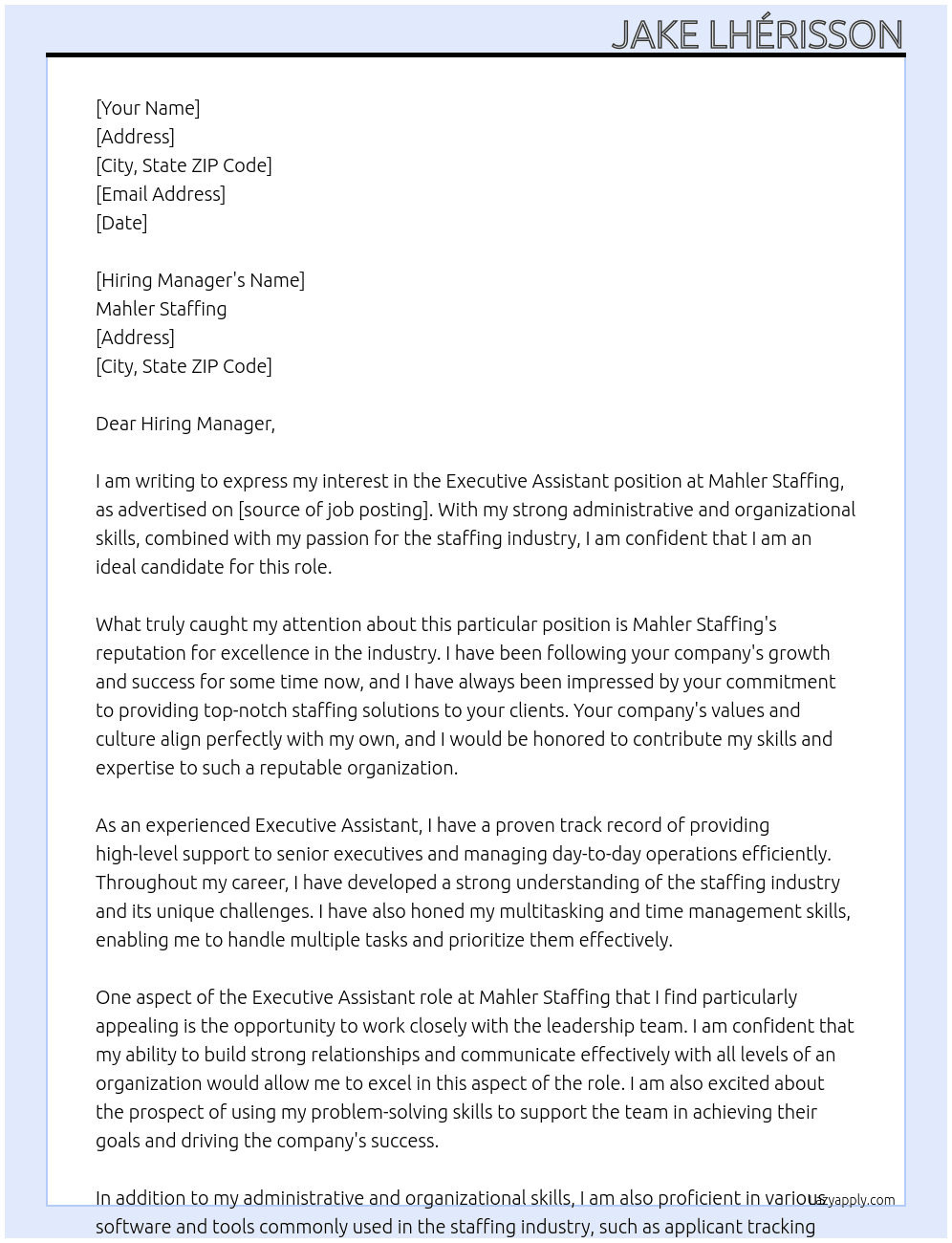 executive assistant At Mahler Staffing Cover Letter