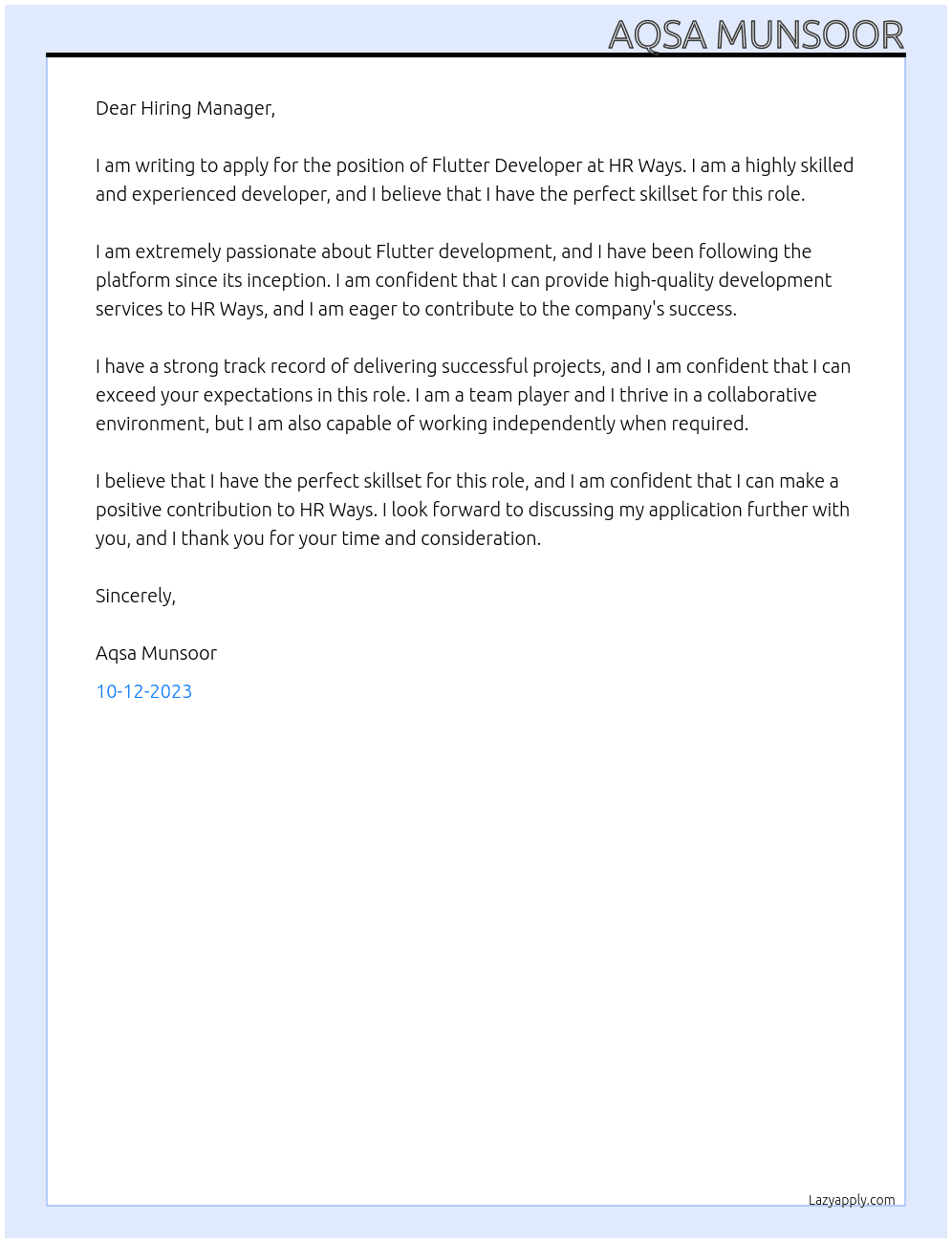 Flutter Developer At HR Ways Cover Letter