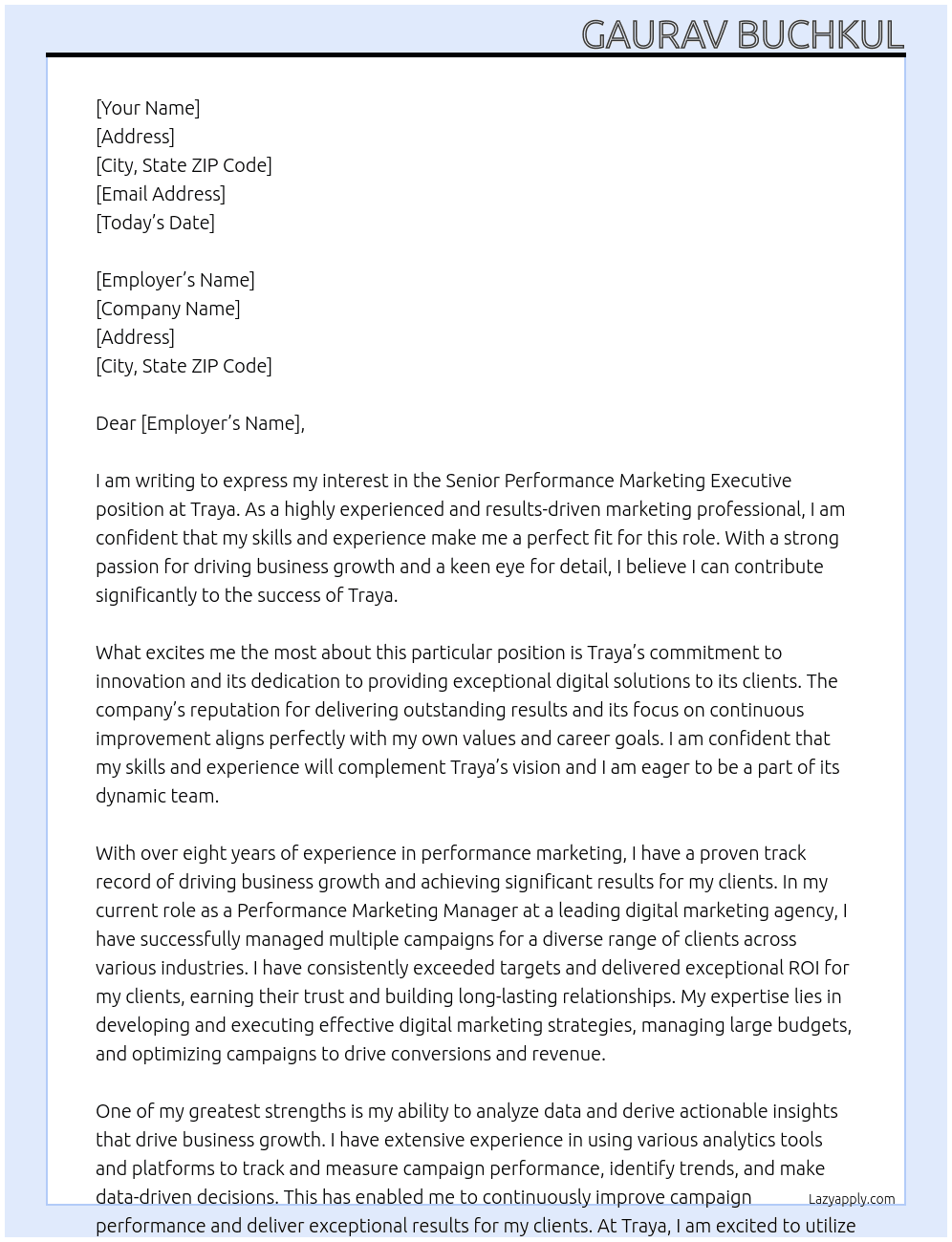 Senior performance marketing executive  At Traya Cover Letter