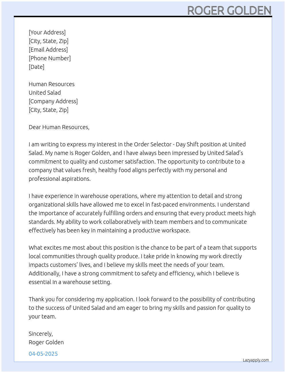 Order Selector - Day Shift At united salad Cover Letter