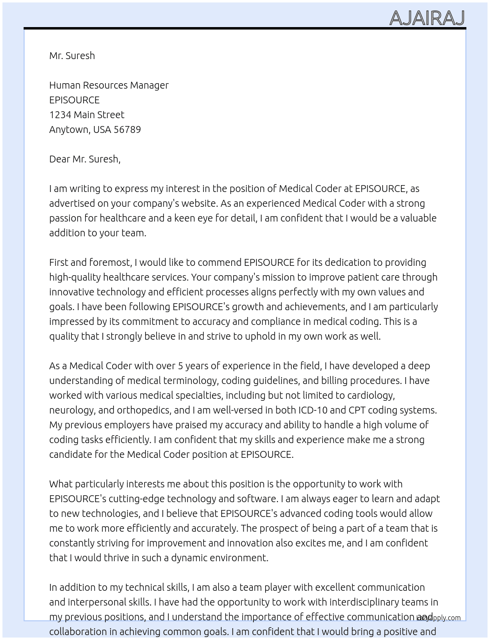 Medical coder At EPISOURCE Cover Letter