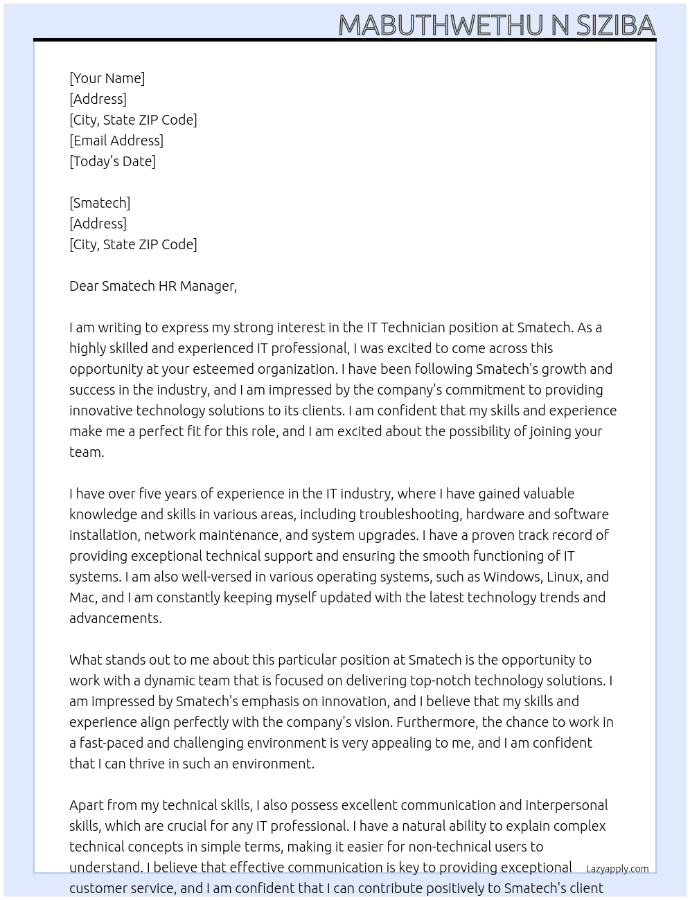 IT Technician At Smatech Cover Letter