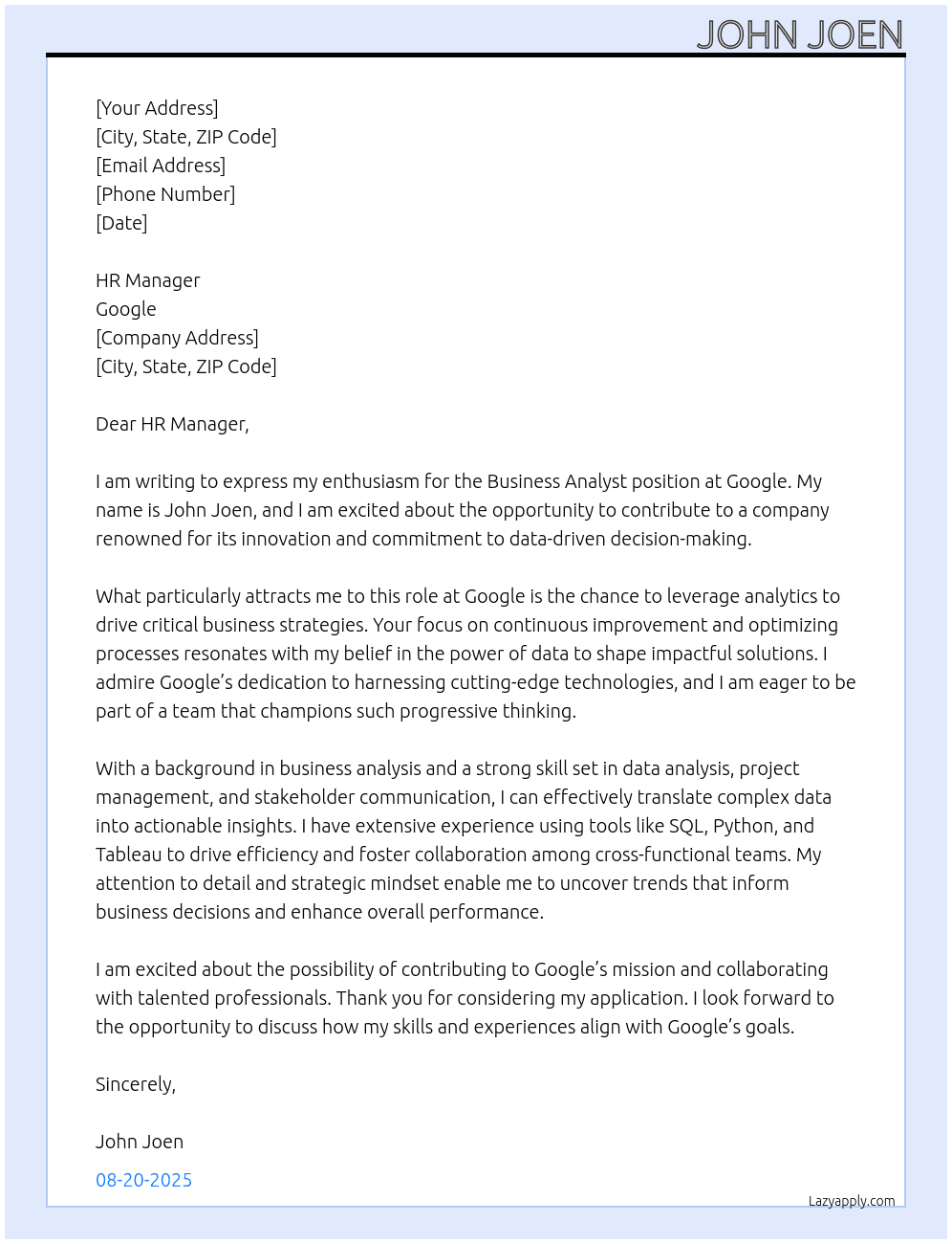 business analyst At google Cover Letter