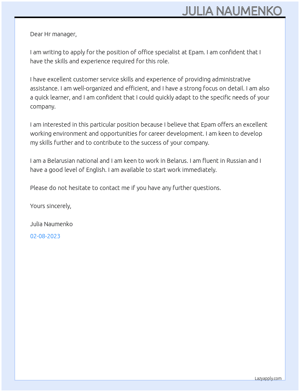Office specialist  At Epam Cover Letter