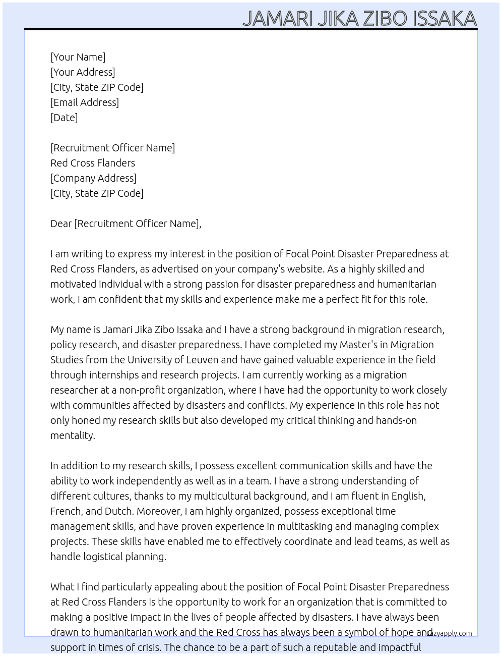 Focal Point Disaster Preparedness  At Red Cross Flanders Cover Letter