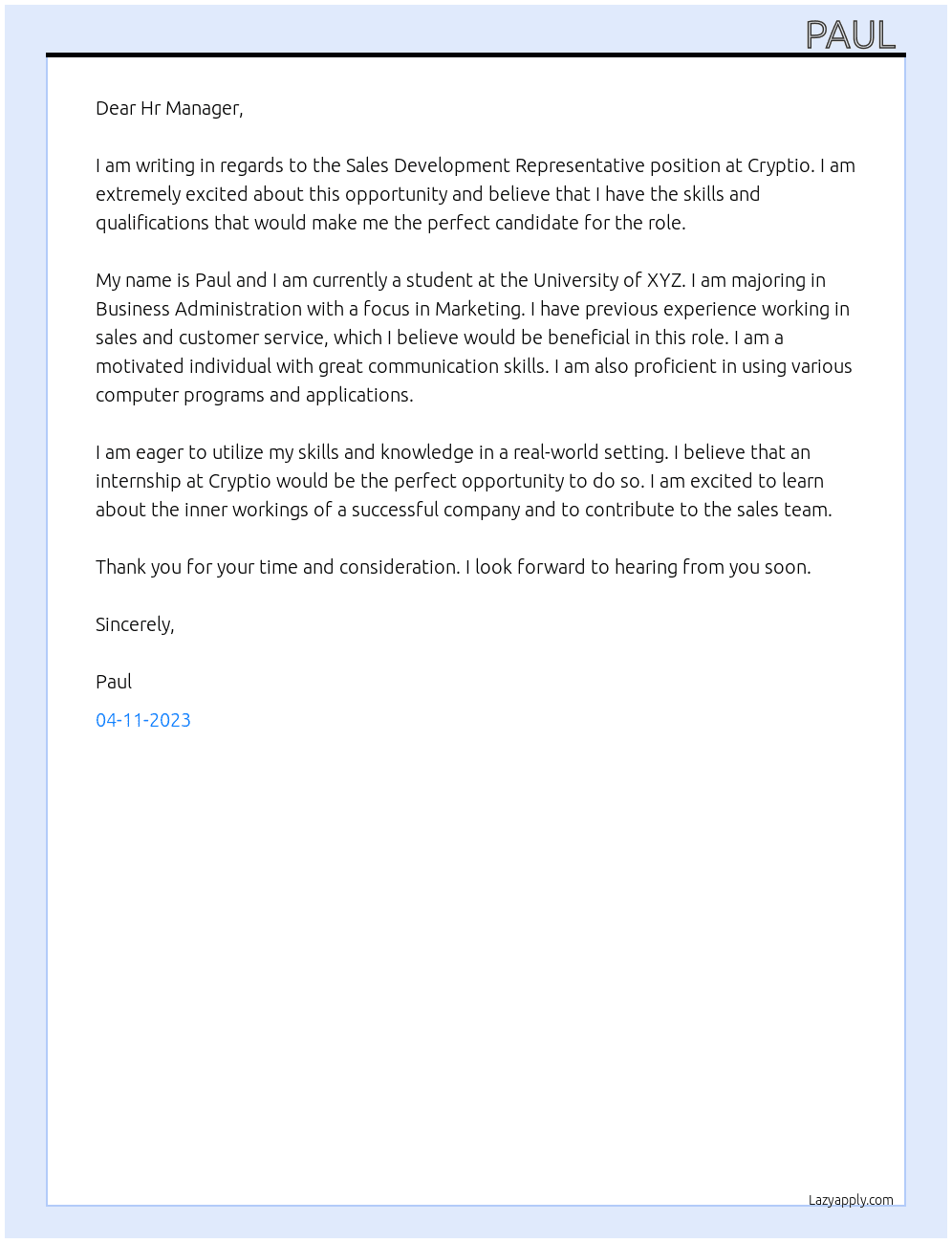 Sales Development Representative  At Cryptio Cover Letter