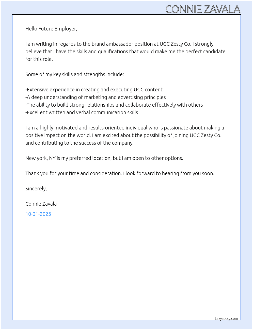 brand ambassador At UGC Zesty Co. Cover Letter