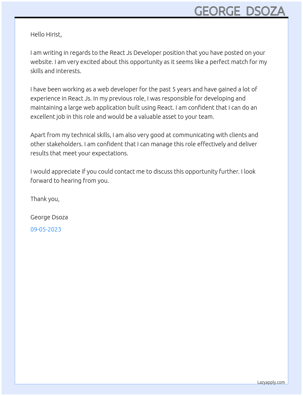 React Js  Developer  At One step solutions pvt ltd  Cover Letter