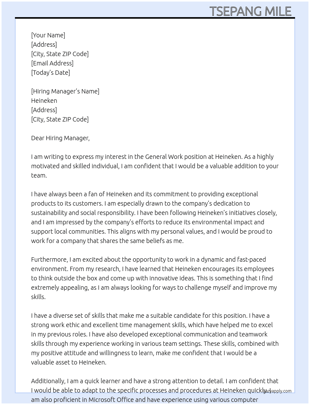 General work  At Heineken  Cover Letter