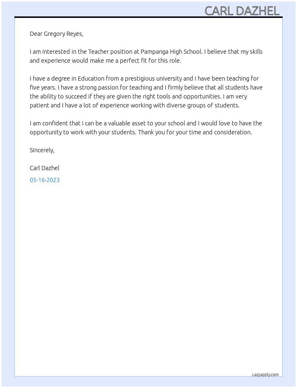 Teacher  At Pampanga High School  Cover Letter