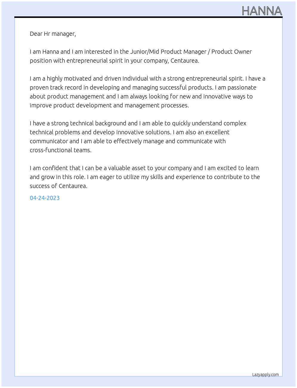 Junior/Mid Product Manager / Product Owner with entrepreneurial spirit At Centaurea Cover Letter